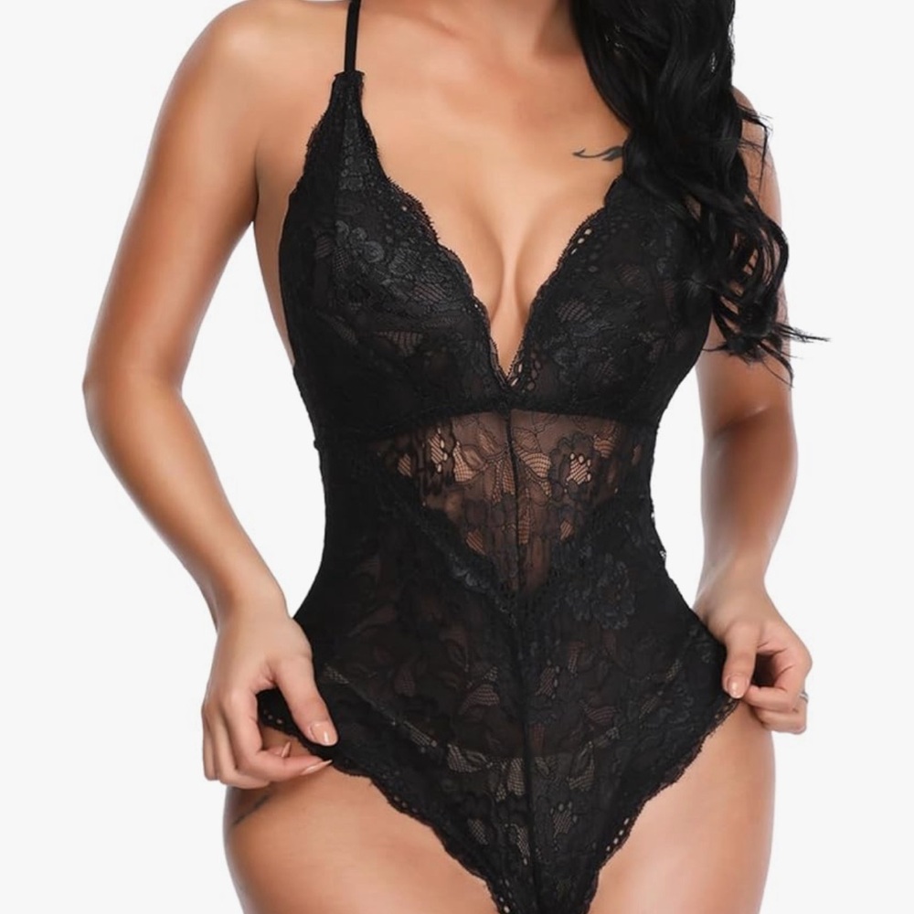 Lace Bodysuit Deep V Snap Crotch Teddy One Piece Lace Babydoll Lingerie